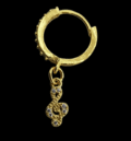 Златиста дамска обеца халка с камъни и висулка ключ сол с кристали на черен фон
