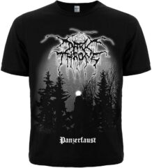 Лице на черна рок тениска Darkthrone Panzerfaust с графичен принт на гора и луна