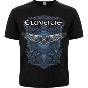Черна мъжка фолк метъл тениска Eluveitie Raven със синя щампа на гарван и келтски орнаменти