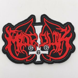 Бродирана 3D блек метъл нашивка на Marduk с обърнат кръст и 666