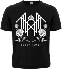 Лице на черна рок тениска Sleep Token Arcadia с бяло лого и графични рози