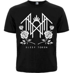 Лице на черна рок тениска Sleep Token Arcadia с бяло лого и графични рози