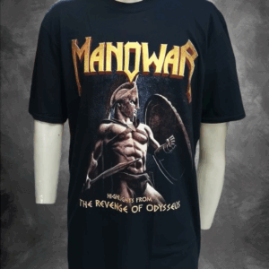 ерна тениска Manowar с щампа на мускулест гладиатор в броня, държащ меч и щит, с надпис "The Kingdom of Steel".