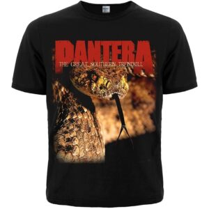 Лице на черна рок тениска Pantera Great Southern Trendkill с гърмяща змия и червено лого