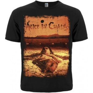 Лице на черна рок тениска на Alice in Chains с обложката на албума Dirt в оранжево