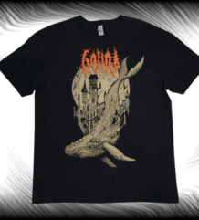 Оригинална тениска на Gojira с артистичен принт на летящ кит и град.
