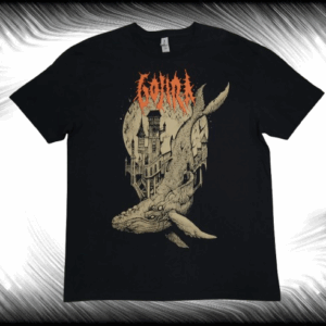 Оригинална тениска на Gojira с артистичен принт на летящ кит и град.