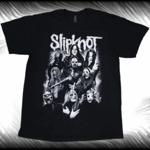 Черна тениска с щампа на групата Slipknot с маските им.