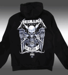 Черен суичър с цип Metallica. Голям принт с череп, светкавици и надпис San Francisco на гърба и малко лого отпред.