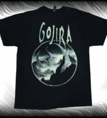 Черна тениска с арт щампа на морско същество, с логото на Gojira.