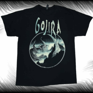 Черна тениска с арт щампа на морско същество, с логото на Gojira.