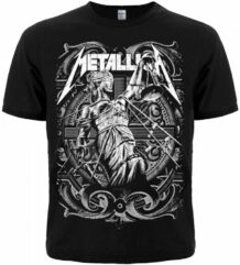 Предна част на черна метъл тениска Metallica And Justice for All с детайлна бяла щампа