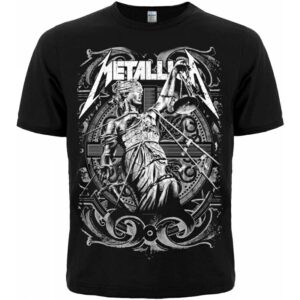 Предна част на черна метъл тениска Metallica And Justice for All с детайлна бяла щампа