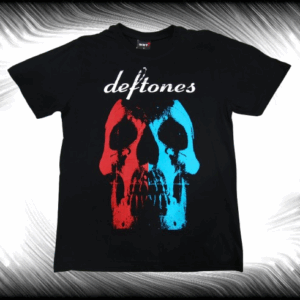 Лице на оригинална метъл тениска на Deftones с череп в червено и синьо