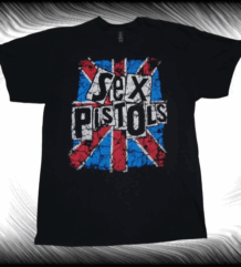 Черна памучна тениска с разкъсано британско знаме и емблематичното лого на Sex Pistols.