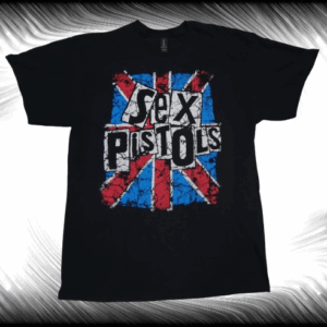 Черна памучна тениска с разкъсано британско знаме и емблематичното лого на Sex Pistols.