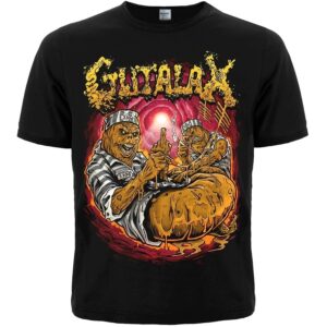Тениска Gutalax goregrind дизайн с брутална илюстрация и prison сцена върху черен фон