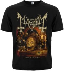 Тениска Mayhem Liturgy of Death дизайн с череп и олтарна сцена в класически black metal стил