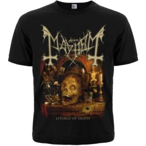 Тениска Mayhem Liturgy of Death дизайн с череп и олтарна сцена в класически black metal стил