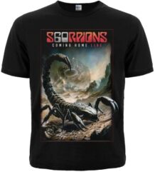 Черна метъл тениска Scorpions Coming Home Live с голям скорпион и лого на бандата