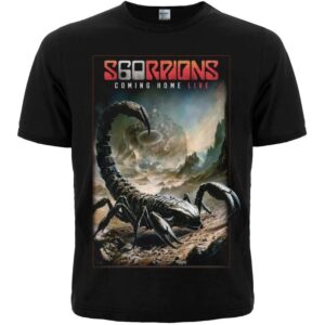 Черна метъл тениска Scorpions Coming Home Live с голям скорпион и лого на бандата