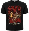 Предна част на черна траш метъл тениска Slayer с дизайн от албума Hell Awaits