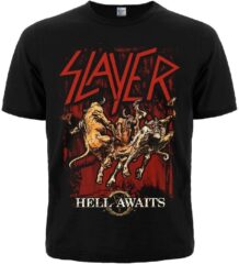 Предна част на черна траш метъл тениска Slayer с дизайн от албума Hell Awaits