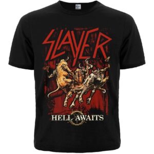 Предна част на черна траш метъл тениска Slayer с дизайн от албума Hell Awaits